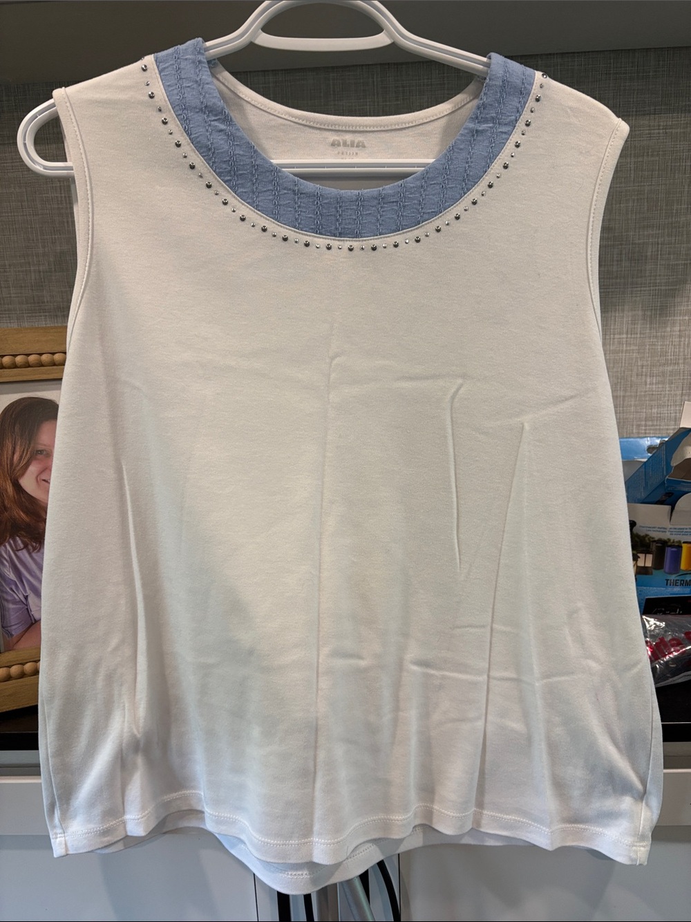 Alia White Tank with Light Blue Textured Neckline and Stud Trim